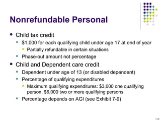 Nonrefundable Personal
 Child tax credit
 $1,000 for each qualifying child under age 17 at end of year
 Partially refundable in certain situations
 Phase-out amount not percentage
 Child and Dependent care credit
 Dependent under age of 13 (or disabled dependent)
 Percentage of qualifying expenditures
 Maximum qualifying expenditures: $3,000 one qualifying
person, $6,000 two or more qualifying persons
 Percentage depends on AGI (see Exhibit 7-9)
7-26
 