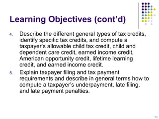 Learning Objectives (cont’d)
4. Describe the different general types of tax credits,
identify specific tax credits, and compute a
taxpayer’s allowable child tax credit, child and
dependent care credit, earned income credit,
American opportunity credit, lifetime learning
credit, and earned income credit.
5. Explain taxpayer filing and tax payment
requirements and describe in general terms how to
compute a taxpayer’s underpayment, late filing,
and late payment penalties.
7-3
 