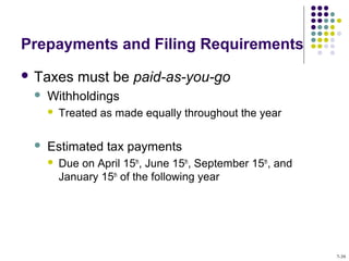 Prepayments and Filing Requirements
 Taxes must be paid-as-you-go
 Withholdings
 Treated as made equally throughout the year
 Estimated tax payments
 Due on April 15th
, June 15th
, September 15th
, and
January 15th
of the following year
7-39
 