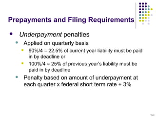 Prepayments and Filing Requirements
 Underpayment penalties
 Applied on quarterly basis
 90%/4 = 22.5% of current year liability must be paid
in by deadline or
 100%/4 = 25% of previous year’s liability must be
paid in by deadline
 Penalty based on amount of underpayment at
each quarter x federal short term rate + 3%
7-41
 