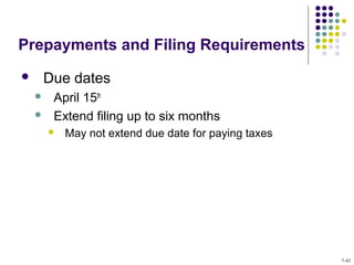 Prepayments and Filing Requirements
 Due dates
 April 15th
 Extend filing up to six months
 May not extend due date for paying taxes
7-43
 