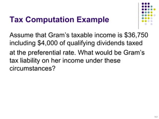 Tax Computation Example
Assume that Gram’s taxable income is $36,750
including $4,000 of qualifying dividends taxed
at the preferential rate. What would be Gram’s
tax liability on her income under these
circumstances?
7-7
 