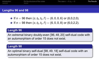 Introduction On the structure of the codes The case c = 6, t5 = 0 The Results
Lengths 96 and 98
If n = 96 then (c, t5, t3, f) = (6, 0, 0, 6) or (6,0,2,0).
If n = 98 then (c, t5, t3, f) = (6, 0, 0, 8) or (6,0,2,2).
Length 96
An extremal binary doubly-even [96, 48, 20] self-dual code with
an automorphism of order 15 does not exist.
Length 98
An optimal binary self-dual [98, 49, 18] self-dual code with an
automorphism of order 15 does not exist.
 