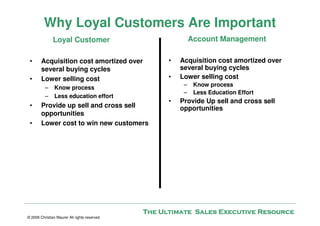 Why Loyal Customers Are Important
               Loyal Customer                                Account Management

 •      Acquisition cost amortized over             •   Acquisition cost amortized over
        several buying cycles                           several buying cycles
 •      Lower selling cost                          •   Lower selling cost
                                                         –    Know process
          –     Know process
                                                         –    Less Education Effort
          –     Less education effort
                                                    •   Provide Up sell and cross sell
 •      Provide up sell and cross sell                  opportunities
        opportunities
 •      Lower cost to win new customers




                                              The Ultimate Sales Executive Resource
© 2009 Christian Maurer All rights reserved
 