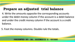 4. Write the amounts opposite the corresponding accounts
under the debit money column if the account is a debit balance
and under the credit money column if the account is a credit
balance.
Prepare an adjusted trial balance
5. Foot the money columns. Double rule the totals.
 