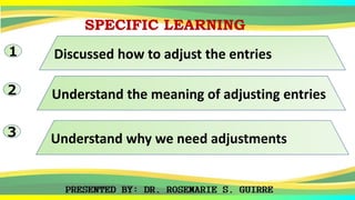 SPECIFIC LEARNING
1 Discussed how to adjust the entries
2 Understand the meaning of adjusting entries
3 Understand why we need adjustments
 