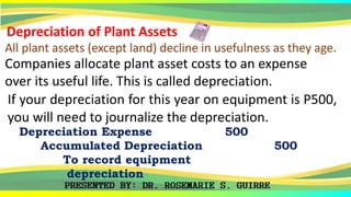 Companies allocate plant asset costs to an expense
over its useful life. This is called depreciation.
Depreciation of Plant Assets
All plant assets (except land) decline in usefulness as they age.
If your depreciation for this year on equipment is P500,
you will need to journalize the depreciation.
Depreciation Expense 500
Accumulated Depreciation 500
To record equipment
depreciation
 