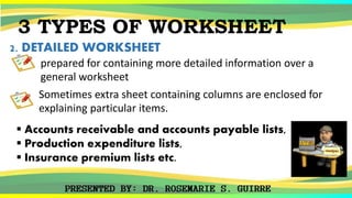 3 TYPES OF WORKSHEET
2. DETAILED WORKSHEET
prepared for containing more detailed information over a
general worksheet
 Accounts receivable and accounts payable lists,
 Production expenditure lists,
 Insurance premium lists etc.
Sometimes extra sheet containing columns are enclosed for
explaining particular items.
 