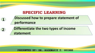 SPECIFIC LEARNING
1 Discussed how to prepare statement of
performance
2 Differentiate the two types of income
statement
 