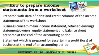 How to prepare income
statements from a worksheet
Prepared with data of debit and credit columns of the income
statements of the worksheet
Business concern mean income statement, retained earnings
statement/owners’ equity statement and balance sheet
prepared at the end of the accounting period.
Statement which is prepared for ascertaining profit (loss) of
business at the end of an accounting period
 