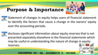 Purpose & Importance
Statement of changes in equity helps users of financial statement
to identify the factors that cause a change in the owners' equity
over the accounting periods.
discloses significant information about equity reserves that is not
presented separately elsewhere in the financial statements which
may be useful in understanding the nature of change in equity
reserves.
 