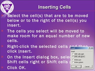 Select the cell(s) that are to be moved below or to the right of the cell(s) you insert. The cells you select will be moved to make room for an equal number of new cells. Right-click the selected cells and then click  I nsert. On the Insert dialog box, select  Shift cells ri g ht or Shift cells  d own. Click OK. Inserting Cells 