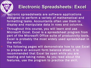 lectronic spreadsheets are software applications designed to perform a variety of mathematical and formatting tasks. Accountants often use them to display and manipulate data in rows and columns. Throughout this course, you will learn and use Microsoft Excel. Excel is a spreadsheet program from part of the Microsoft Office suite of productivity tools. Excel is probably the most widely used spreadsheet in the world. The following pages will demonstrate how to use Excel to prepare an account form balance sheet. It is recommended that Excel be open while you are reading and taking notes. As you read about the features, use the program to practice the skill. Electronic Spreadsheets: Excel 
