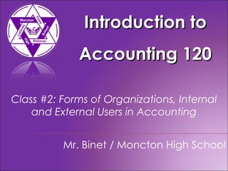Introduction to Accounting 120 Mr. Binet / Moncton High School Class #2: Forms of Organizations, Internal and External Users in Accounting 