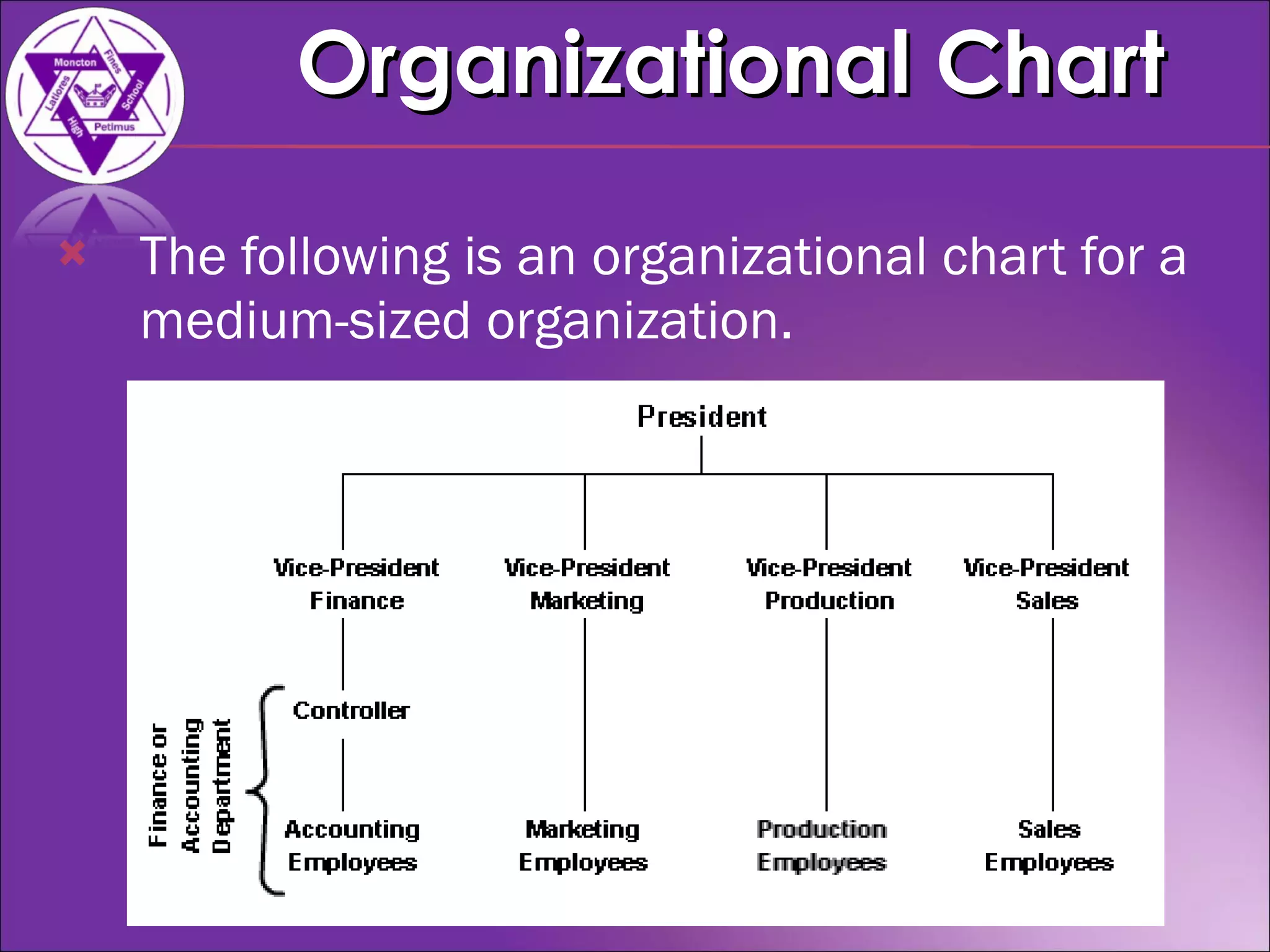 The following is an organizational chart for a medium-sized organization.  Organizational Chart 