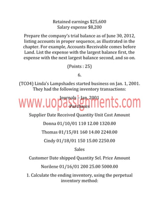 Retained earnings $25,600
Salary expense $8,200
Prepare the company’s trial balance as of June 30, 2012,
listing accounts in proper sequence, as illustrated in the
chapter. For example, Accounts Receivable comes before
Land. List the expense with the largest balance first, the
expense with the next largest balance second, and so on.
(Points : 25)
6.
(TCO4) Linda’s Lampshades started business on Jan. 1, 2001.
They had the following inventory transactions:
Journals – Jan. 2001
Purchases
Supplier Date Received Quantity Unit Cost Amount
Donna 01/10/01 110 12.00 1320.00
Thomas 01/15/01 160 14.00 2240.00
Cindy 01/18/01 150 15.00 2250.00
Sales
Customer Date shipped Quantity Sel. Price Amount
Norilene 01/16/01 200 25.00 5000.00
1. Calculate the ending inventory, using the perpetual
inventory method:
 