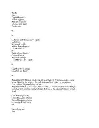 Assets:
Cash
Prepaid Insurance
Repair Supplies
Repair Equipment
Less: Accum. Depr.
Total Assets
0
0
Liabilities and Stockholders’ Equity
Liabilities:
Accounts Payable
Income Taxes Payable
Total Liabilities
0
Stockholders’ Equity:
Common Stock
Retained Earnings
Total Stockholders’ Equity
0
Total Liabilities &amp;
Stockholders’ Equity
0
Requirement #8: Prepare the closing entries at October 31 in the General Journal
below. Hint:Use the balances for each account which appear on the Adjusted
Trial Balance for your closing entries.
Requirement #9: Post the closing entries to the T-Accounts on the General Ledger
worksheet and compute ending balances. Just add to the adjusted balances already
listed.
Click here to go to the
General Ledger worksheet
General Ledger worksheet
to complete Requirement
#9.
General Journal
Date
 