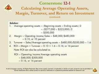 © 2012 Cengage Learning. All Rights Reserved. May not be copied, scanned, or duplicated, in whole or in part, except for use as permitted in a
license distributed with a certain product or service or otherwise on a password-protected website for classroom use.
2
Cornerstone 12-1
Calculating Average Operating Assets,
Margin, Turnover, and Return on Investment
(continued)
 