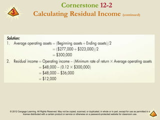 © 2012 Cengage Learning. All Rights Reserved. May not be copied, scanned, or duplicated, in whole or in part, except for use as permitted in a
license distributed with a certain product or service or otherwise on a password-protected website for classroom use.
3
Cornerstone 12-2
Calculating Residual Income (continued)
 
