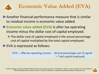 © 2012 Cengage Learning. All Rights Reserved. May not be copied, scanned, or duplicated, in whole or in part, except for use as permitted in a
license distributed with a certain product or service or otherwise on a password-protected website for classroom use.
Economic Value Added (EVA)
►Another financial performance measure that is similar
to residual income is economic value added.
►Economic value added (EVA) is after tax operating
income minus the dollar cost of capital employed.
►The dollar cost of capital employed is the actual percentage
cost of capital multiplied by the total capital employed.
►EVA is expressed as follows:
3
 