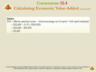 © 2012 Cengage Learning. All Rights Reserved. May not be copied, scanned, or duplicated, in whole or in part, except for use as permitted in a
license distributed with a certain product or service or otherwise on a password-protected website for classroom use.
3
Cornerstone 12-3
Calculating Economic Value-Added (continued)
 