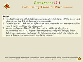 © 2012 Cengage Learning. All Rights Reserved. May not be copied, scanned, or duplicated, in whole or in part, except for use as permitted in a
license distributed with a certain product or service or otherwise on a password-protected website for classroom use.
4
Cornerstone 12-4
Calculating Transfer Price (continued)
 