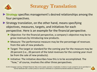 © 2012 Cengage Learning. All Rights Reserved. May not be copied, scanned, or duplicated, in whole or in part, except for use as permitted in a
license distributed with a certain product or service or otherwise on a password-protected website for classroom use.
Strategy Translation
►Strategy specifies management’s desired relationships among the
four perspectives.
►Strategy translation, on the other hand, means specifying
objectives, measures, targets, and initiatives for each
perspective. Here is an example for the financial perspective.
►Objective: For the financial perspective, a company’s objective may be to
grow revenues by introducing new products.
►Measure: The performance measure may be the percentage of revenues
from the sale of new products.
►Target: The target or standard for the coming year for the measure may be
20 percent (i.e., 20 percent of the total revenues for the coming year must
be from the sale of new products).
►Initiative: The initiative describes how this is to be accomplished. The
‘‘how,’’ of course, involves the other three perspectives.
5
 