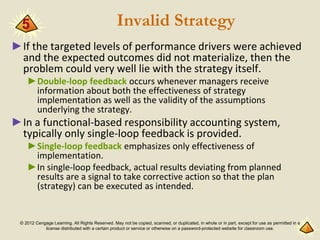 © 2012 Cengage Learning. All Rights Reserved. May not be copied, scanned, or duplicated, in whole or in part, except for use as permitted in a
license distributed with a certain product or service or otherwise on a password-protected website for classroom use.
Invalid Strategy
►If the targeted levels of performance drivers were achieved
and the expected outcomes did not materialize, then the
problem could very well lie with the strategy itself.
►Double-loop feedback occurs whenever managers receive
information about both the effectiveness of strategy
implementation as well as the validity of the assumptions
underlying the strategy.
►In a functional-based responsibility accounting system,
typically only single-loop feedback is provided.
►Single-loop feedback emphasizes only effectiveness of
implementation.
►In single-loop feedback, actual results deviating from planned
results are a signal to take corrective action so that the plan
(strategy) can be executed as intended.
5
 
