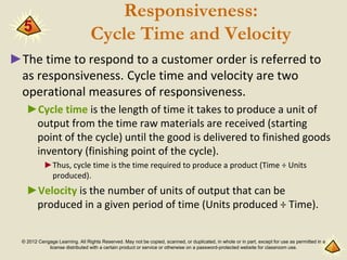 © 2012 Cengage Learning. All Rights Reserved. May not be copied, scanned, or duplicated, in whole or in part, except for use as permitted in a
license distributed with a certain product or service or otherwise on a password-protected website for classroom use.
Responsiveness:
Cycle Time and Velocity
►The time to respond to a customer order is referred to
as responsiveness. Cycle time and velocity are two
operational measures of responsiveness.
►Cycle time is the length of time it takes to produce a unit of
output from the time raw materials are received (starting
point of the cycle) until the good is delivered to finished goods
inventory (finishing point of the cycle).
►Thus, cycle time is the time required to produce a product (Time ÷ Units
produced).
►Velocity is the number of units of output that can be
produced in a given period of time (Units produced ÷ Time).
5
 