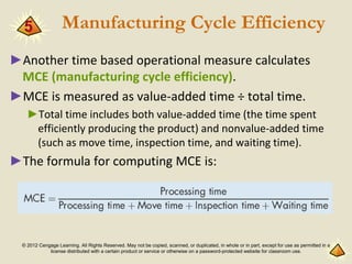 © 2012 Cengage Learning. All Rights Reserved. May not be copied, scanned, or duplicated, in whole or in part, except for use as permitted in a
license distributed with a certain product or service or otherwise on a password-protected website for classroom use.
Manufacturing Cycle Efficiency
►Another time based operational measure calculates
MCE (manufacturing cycle efficiency).
►MCE is measured as value-added time ÷ total time.
►Total time includes both value-added time (the time spent
efficiently producing the product) and nonvalue-added time
(such as move time, inspection time, and waiting time).
►The formula for computing MCE is:
5
 