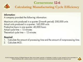 © 2012 Cengage Learning. All Rights Reserved. May not be copied, scanned, or duplicated, in whole or in part, except for use as permitted in a
license distributed with a certain product or service or otherwise on a password-protected website for classroom use.
5
Cornerstone 12-6
Calculating Manufacturing Cycle Efficiency
 