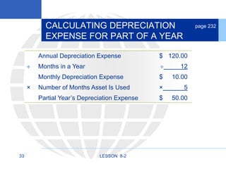 33 LESSON 8-2
CALCULATING DEPRECIATION
EXPENSE FOR PART OF A YEAR
page 232
Annual Depreciation Expense $ 120.00
 Months in a Year  12
Monthly Depreciation Expense $ 10.00
× Number of Months Asset Is Used × 5
Partial Year’s Depreciation Expense $ 50.00
 