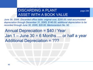46
June 30, 20X6. Discarded office table: original cost, $200.00; total accumulated
depreciation through December 31, 20X5, $140.00; additional depreciation to be
recorded through June 30, 20X6, $20.00. Memorandum No. 92.
DISCARDING A PLANT
ASSET WITH A BOOK VALUE
page 236
Annual Depreciation = $40 / Year
Jan 1 – June 30 = 6 Months … or half a year
Additional Depreciation = ???
 
