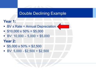 Double Declining Example
Year 1:
 BV x Rate = Annual Depreciation
 $10,000 x 50% = $5,000
 BV: 10,000 – 5,000 = $5,000
Year 2:
 $5,000 x 50% = $2,500
 BV: 5,000 - $2,500 = $2,500
 