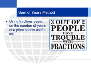 Sum of Years Method
 Using fractions based
on the number of years
of a plant assets useful
life
 