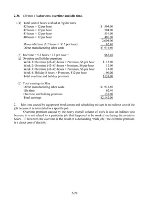 2-36 (20 min.) Labor cost, overtime and idle time.
1.(a) Total cost of hours worked at regular rates
42 hours × 12 per hour $ 504.00
42 hours × 12 per hour 504.00
43 hours × 12 per hour 516.00
40 hours × 12 per hour 480.00
2,004.00
Minus idle time (5.2 hours × $12 per hour) 62.40
Direct manufacturing labor costs $1,941.60
(b) Idle time = 5.2 hours × 12 per hour =
(c) Overtime and holiday premium.
$62.40
Week 1: Overtime (42-40) hours × Premium, $6 per hour $ 12.00
Week 2: Overtime (42-40) hours ×Premium, $6 per hour 12.00
Week 3: Overtime (43-40) hours × Premium, $6 per hour 18.00
Week 4: Holiday 8 hours × Premium, $12 per hour 96.00
Total overtime and holiday premium $138.00
(d) Total earnings in May
Direct manufacturing labor costs $1,941.60
Idle time 62.40
Overtime and holiday premium 138.00
Total earnings $2,142.00
2. Idle time caused by equipment breakdowns and scheduling mixups is an indirect cost of the
job because it is not related to a specific job.
Overtime premium caused by the heavy overall volume of work is also an indirect cost
because it is not related to a particular job that happened to be worked on during the overtime
hours. If, however, the overtime is the result of a demanding “rush job,” the overtime premium
is a direct cost of that job.
2-20
 