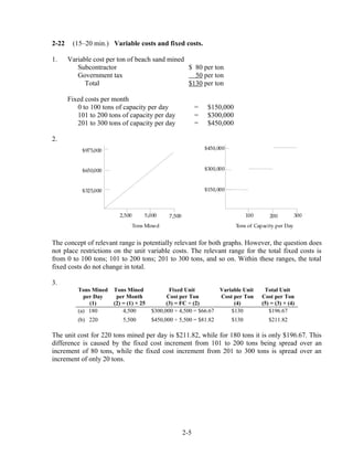 2-22 (15–20 min.) Variable costs and fixed costs.
1. Variable cost per ton of beach sand mined
Subcontractor $ 80 per ton
Government tax 50 per ton
Total $130 per ton
Fixed costs per month
0 to 100 tons of capacity per day = $150,000
101 to 200 tons of capacity per day = $300,000
201 to 300 tons of capacity per day = $450,000
2.
TotalFixedCosts
$450,000
$300,000
$150,000
100 200 300
Tons of Capacity per Day
$975,000
$650,000
$325,000
2,500 5,000 7,500
Tons Mined
TotalVariableCosts
The concept of relevant range is potentially relevant for both graphs. However, the question does
not place restrictions on the unit variable costs. The relevant range for the total fixed costs is
from 0 to 100 tons; 101 to 200 tons; 201 to 300 tons, and so on. Within these ranges, the total
fixed costs do not change in total.
3.
Tons Mined
per Day
Tons Mined
per Month
Fixed Unit
Cost per Ton
Variable Unit
Cost per Ton
Total Unit
Cost per Ton
(1) (2) = (1) × 25 (3) = FC ÷ (2) (4) (5) = (3) + (4)
(a) 180 4,500 $300,000 ÷ 4,500 = $66.67 $130 $196.67
(b) 220 5,500 $450,000 ÷ 5,500 = $81.82 $130 $211.82
The unit cost for 220 tons mined per day is $211.82, while for 180 tons it is only $196.67. This
difference is caused by the fixed cost increment from 101 to 200 tons being spread over an
increment of 80 tons, while the fixed cost increment from 201 to 300 tons is spread over an
increment of only 20 tons.
2-5
 