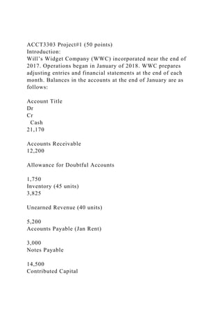 ACCT3303 Project#1 (50 points)
Introduction:
Will’s Widget Company (WWC) incorporated near the end of
2017. Operations began in January of 2018. WWC prepares
adjusting entries and financial statements at the end of each
month. Balances in the accounts at the end of January are as
follows:
Account Title
Dr
Cr
Cash
21,170
Accounts Receivable
12,200
Allowance for Doubtful Accounts
1,750
Inventory (45 units)
3,825
Unearned Revenue (40 units)
5,200
Accounts Payable (Jan Rent)
3,000
Notes Payable
14,500
Contributed Capital
 
