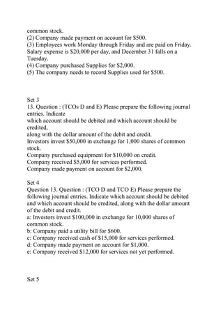 common stock.
(2) Company made payment on account for $500.
(3) Employees work Monday through Friday and are paid on Friday.
Salary expense is $20,000 per day, and December 31 falls on a
Tuesday.
(4) Company purchased Supplies for $2,000.
(5) The company needs to record Supplies used for $500.
Set 3
13. Question : (TCOs D and E) Please prepare the following journal
entries. Indicate
which account should be debited and which account should be
credited,
along with the dollar amount of the debit and credit.
Investors invest $50,000 in exchange for 1,000 shares of common
stock.
Company purchased equipment for $10,000 on credit.
Company received $5,000 for services performed.
Company made payment on account for $2,000.
Set 4
Question 13. Question : (TCO D and TCO E) Please prepare the
following journal entries. Indicate which account should be debited
and which account should be credited, along with the dollar amount
of the debit and credit.
a: Investors invest $100,000 in exchange for 10,000 shares of
common stock.
b: Company paid a utility bill for $600.
c: Company received cash of $15,000 for services performed.
d: Company made payment on account for $1,000.
e: Company received $12,000 for services not yet performed.
Set 5
 