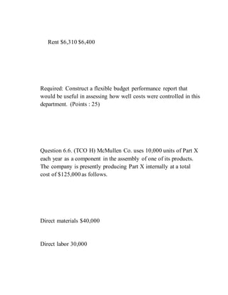 Rent $6,310 $6,400
Required: Construct a flexible budget performance report that
would be useful in assessing how well costs were controlled in this
department. (Points : 25)
Question 6.6. (TCO H) McMullen Co. uses 10,000 units of Part X
each year as a component in the assembly of one of its products.
The company is presently producing Part X internally at a total
cost of $125,000 as follows.
Direct materials $40,000
Direct labor 30,000
 