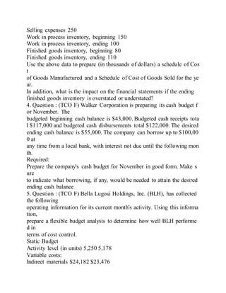 Selling expenses 250
Work in process inventory, beginning 150
Work in process inventory, ending 100
Finished goods inventory, beginning 80
Finished goods inventory, ending 110
Use the above data to prepare (in thousands of dollars) a schedule of Cos
t
of Goods Manufactured and a Schedule of Cost of Goods Sold for the ye
ar.
In addition, what is the impact on the financial statements if the ending
finished goods inventory is overstated or understated?
4. Question : (TCO F) Walker Corporation is preparing its cash budget f
or November. The
budgeted beginning cash balance is $43,000. Budgeted cash receipts tota
l $117,000 and budgeted cash disbursements total $122,000. The desired
ending cash balance is $55,000. The company can borrow up to $100,00
0 at
any time from a local bank, with interest not due until the following mon
th.
Required:
Prepare the company's cash budget for November in good form. Make s
ure
to indicate what borrowing, if any, would be needed to attain the desired
ending cash balance
5. Question : (TCO F) Bella Lugosi Holdings, Inc. (BLH), has collected
the following
operating information for its current month's activity. Using this informa
tion,
prepare a flexible budget analysis to determine how well BLH performe
d in
terms of cost control.
Static Budget
Activity level (in units) 5,250 5,178
Variable costs:
Indirect materials $24,182 $23,476
 