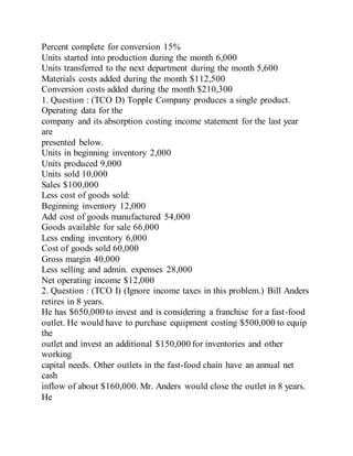 Percent complete for conversion 15%
Units started into production during the month 6,000
Units transferred to the next department during the month 5,600
Materials costs added during the month $112,500
Conversion costs added during the month $210,300
1. Question : (TCO D) Topple Company produces a single product.
Operating data for the
company and its absorption costing income statement for the last year
are
presented below.
Units in beginning inventory 2,000
Units produced 9,000
Units sold 10,000
Sales $100,000
Less cost of goods sold:
Beginning inventory 12,000
Add cost of goods manufactured 54,000
Goods available for sale 66,000
Less ending inventory 6,000
Cost of goods sold 60,000
Gross margin 40,000
Less selling and admin. expenses 28,000
Net operating income $12,000
2. Question : (TCO I) (Ignore income taxes in this problem.) Bill Anders
retires in 8 years.
He has $650,000 to invest and is considering a franchise for a fast-food
outlet. He would have to purchase equipment costing $500,000 to equip
the
outlet and invest an additional $150,000 for inventories and other
working
capital needs. Other outlets in the fast-food chain have an annual net
cash
inflow of about $160,000. Mr. Anders would close the outlet in 8 years.
He
 