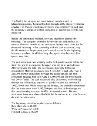 Top Switch Inc. designs and manufactures switches used in
telecommunications. Serious flooding throughout the state of Tennessee
affected Top Switch’s facilities. Inventory was completely ruined, and
the company’s computer system, including all accounting records, was
destroyed.
Before the unfortunate incident, recovery specialists cleaned the
buildings. The company controller is very nervous and anxious to
recover whatever records he can to support the insurance claim for the
destroyed inventory. After consulting with the cost accountant, they
decide to retrieve the previous year’s annual report for the beginning
inventory numbers. In addition, they also agreed that they need first
quarter cost data.
The cost accountant was working on the first quarter results before the
storm hit, and to his surprise, the report was still in his desk drawer.
After reviewing the data , the information shows the following
information: Material purchases were $ 325,000; Direct Labor was $
220,000. Further discussions between the controller and the cost
accountant revealed that sales were $ 1,350,000 and the gross margin
was 30% of sales. The cost accountant also discovered, while sifting
through the information, that cost of goods available for sale was $
1,020,000 at cost. While assessing the damage, the controller determined
that the prime costs were $ 545,000 up to the time of the damage and
that manufacturing overhead is 65% of conversion cost. The cost
accountant is not sure about all of this, but he decides to see what he can
do with the information.
The beginning inventory numbers are as follows:
Raw Materials, $ 41,000
Work in Process, $ 56,000
Finished Goods, $ 35,000
 