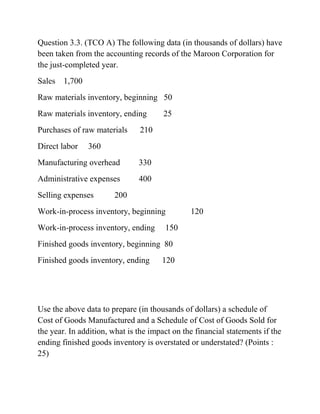 Question 3.3. (TCO A) The following data (in thousands of dollars) have
been taken from the accounting records of the Maroon Corporation for
the just-completed year.
Sales 1,700
Raw materials inventory, beginning 50
Raw materials inventory, ending 25
Purchases of raw materials 210
Direct labor 360
Manufacturing overhead 330
Administrative expenses 400
Selling expenses 200
Work-in-process inventory, beginning 120
Work-in-process inventory, ending 150
Finished goods inventory, beginning 80
Finished goods inventory, ending 120
Use the above data to prepare (in thousands of dollars) a schedule of
Cost of Goods Manufactured and a Schedule of Cost of Goods Sold for
the year. In addition, what is the impact on the financial statements if the
ending finished goods inventory is overstated or understated? (Points :
25)
 