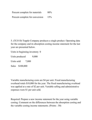 Percent complete for materials 80%
Percent complete for conversion 15%
5. (TCO D) Topple Company produces a single product. Operating data
for the company and its absorption costing income statement for the last
year are presented below.
Units in beginning inventory 0
Units produced 9,000
Units sold 7,000
Sales $100,000
Variable manufacturing costs are $4 per unit. Fixed manufacturing
overhead totals $18,000 for the year. The fixed manufacturing overhead
was applied at a rate of $2 per unit. Variable selling and administrative
expenses were $1 per unit sold.
Required: Prepare a new income statement for the year using variable
costing. Comment on the differences between the absorption costing and
the variable costing income statements. (Points : 30)
 