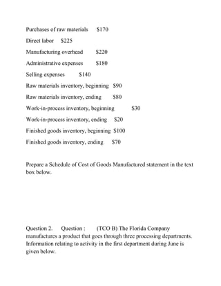 Purchases of raw materials $170
Direct labor $225
Manufacturing overhead $220
Administrative expenses $180
Selling expenses $140
Raw materials inventory, beginning $90
Raw materials inventory, ending $80
Work-in-process inventory, beginning $30
Work-in-process inventory, ending $20
Finished goods inventory, beginning $100
Finished goods inventory, ending $70
Prepare a Schedule of Cost of Goods Manufactured statement in the text
box below.
Question 2. Question : (TCO B) The Florida Company
manufactures a product that goes through three processing departments.
Information relating to activity in the first department during June is
given below.
 