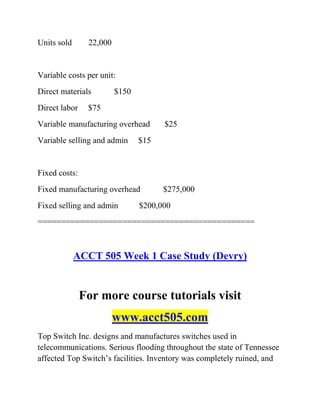 Units sold 22,000
Variable costs per unit:
Direct materials $150
Direct labor $75
Variable manufacturing overhead $25
Variable selling and admin $15
Fixed costs:
Fixed manufacturing overhead $275,000
Fixed selling and admin $200,000
==============================================
ACCT 505 Week 1 Case Study (Devry)
For more course tutorials visit
www.acct505.com
Top Switch Inc. designs and manufactures switches used in
telecommunications. Serious flooding throughout the state of Tennessee
affected Top Switch’s facilities. Inventory was completely ruined, and
 