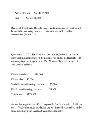 Administration $6,540 $6,500
Rent $6,310 $6,400
Required: Construct a flexible budget performance report that would
be useful in assessing how well costs were controlled in this
department. (Points : 25)
Question 6.6. (TCO H) McMullen Co. uses 10,000 units of Part X
each year as a component in the assembly of one of its products. The
company is presently producing Part X internally at a total cost of
$125,000 as follows.
Direct materials $40,000
Direct labor 30,000
Variable manufacturing overhead 25,000
Fixed manufacturing overhead 30,000
Total costs $125,000
An outside supplier has offered to provide Part X at a price of $10 per
unit. If McMullen stops producing the part internally, one third of the
fixed manufacturing overhead would be eliminated.
 