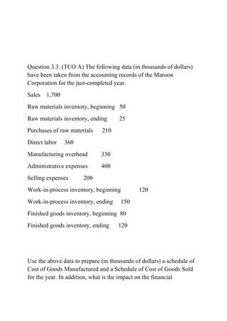 Question 3.3. (TCO A) The following data (in thousands of dollars)
have been taken from the accounting records of the Maroon
Corporation for the just-completed year.
Sales 1,700
Raw materials inventory, beginning 50
Raw materials inventory, ending 25
Purchases of raw materials 210
Direct labor 360
Manufacturing overhead 330
Administrative expenses 400
Selling expenses 200
Work-in-process inventory, beginning 120
Work-in-process inventory, ending 150
Finished goods inventory, beginning 80
Finished goods inventory, ending 120
Use the above data to prepare (in thousands of dollars) a schedule of
Cost of Goods Manufactured and a Schedule of Cost of Goods Sold
for the year. In addition, what is the impact on the financial
 
