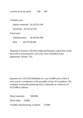 Activity level (in units) 360 340
Variable costs:
Indirect materials $4,182 $4,148
Electricity $2,536 $2,414
Fixed costs:
Administration $6,540 $6,500
Rent $6,310 $6,400
Required: Construct a flexible budget performance report that would
be useful in assessing how well costs were controlled in this
department. (Points : 25)
Question 6.6. (TCO H) McMullen Co. uses 10,000 units of Part X
each year as a component in the assembly of one of its products. The
company is presently producing Part X internally at a total cost of
$125,000 as follows.
Direct materials $40,000
Direct labor 30,000
Variable manufacturing overhead 25,000
 